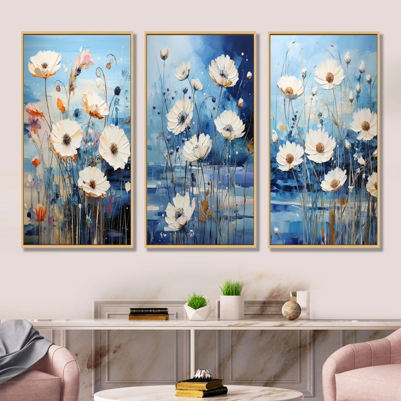 «Blue Cornflower Melody - Cornflowers», ensemble de 4 reproductions d'art sur toile, H 40 po x l 60 po, Cadre flottant brun
