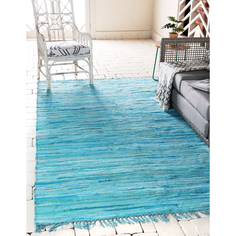 Tapis géométrique en coton tissé à la main Pritchard, Bleu clair, Rectangle 8 pi x 10 pi