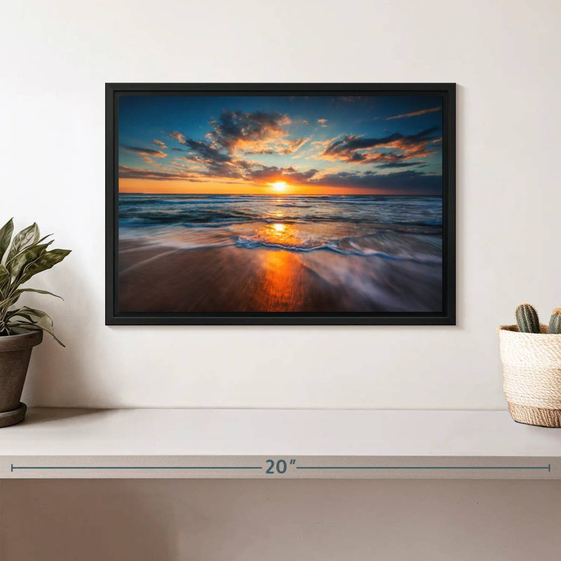 Été, océan, lever de soleil, Cadre flottant noir, 13 po x 9 po