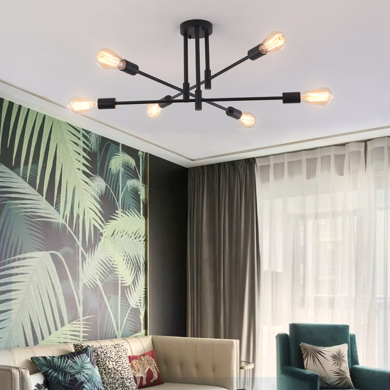 Eiren 6-Light 27.56'' Dimmable Sputnik Chandelier Modern Linear Semi Flush Mount Ceiling Light, Black