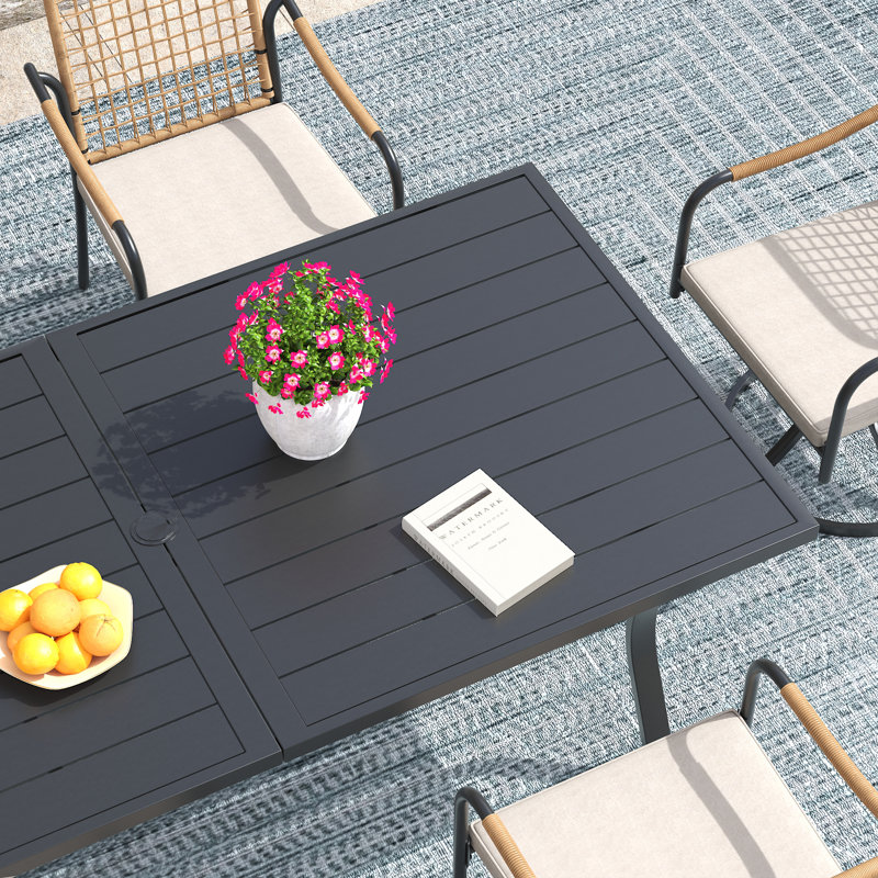 6-Person 63" Rectangular Outdoor Dining Set With Cushioned Swivel & Stackable Woven Rattan Chairs, Black