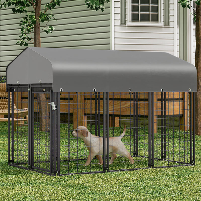 Heavy Duty Black Metal Outdoor Dog Kennel with Gray Waterproof Canopy