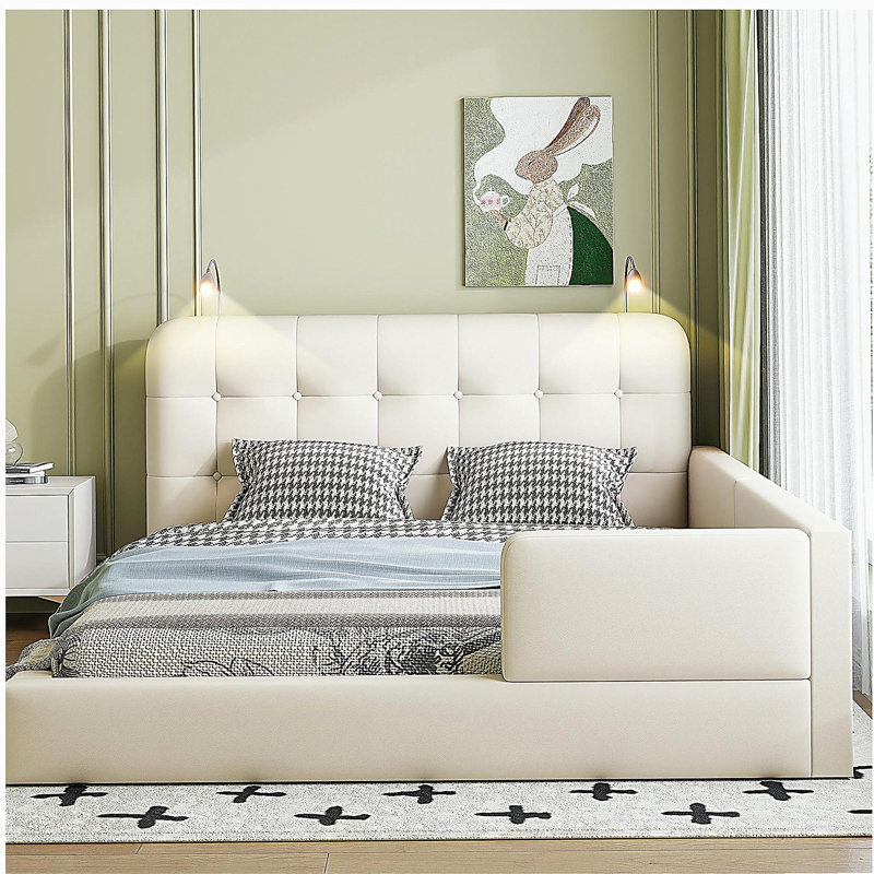 Grand lit plateforme tapissier avec 2 lampes de lecture, blanc, Blanc
