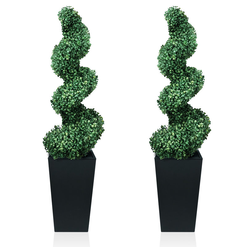 Artificial Boxwood Spiral Topiary Tree with Tall Black Planter, 3ft 2 Pack, 3ft