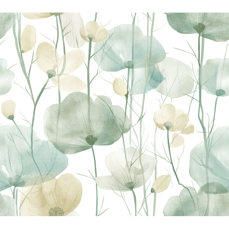 Papier peint floral Cotswolds Poppies Turquoise, Vert