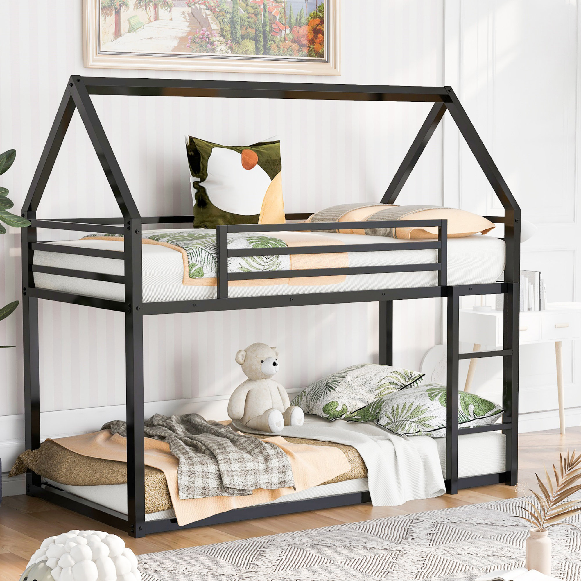 Harper Orchard Twin Over Twin House Bunk Bed With Built-In Ladder ...