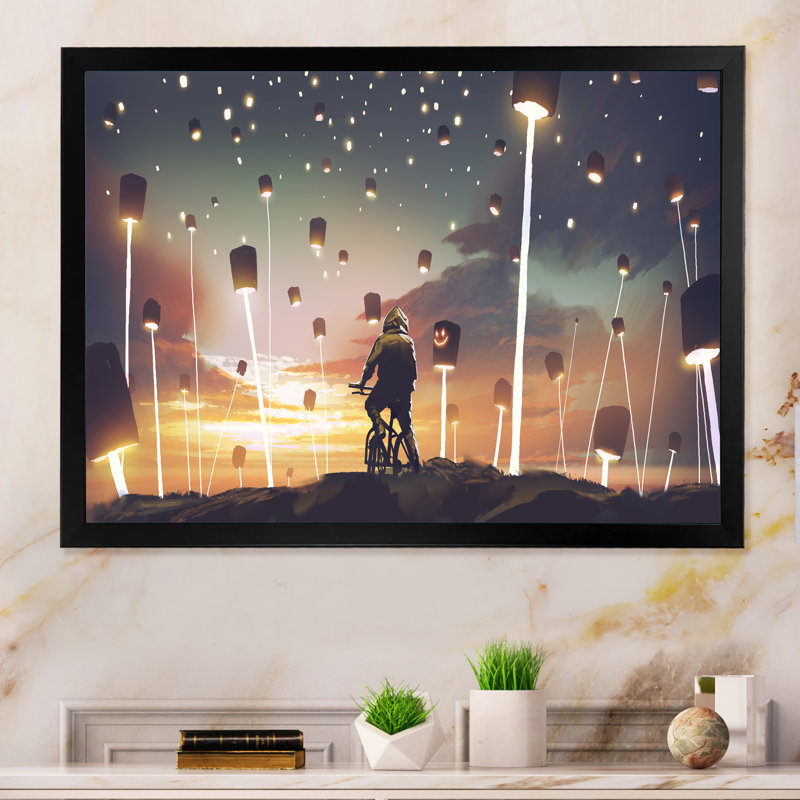 «Video Game Man Bicycle Land Full Lanterns», reproduction sur toile, H 8 po x l 12 po x P 1 po, Cadre d'angle fermé noir