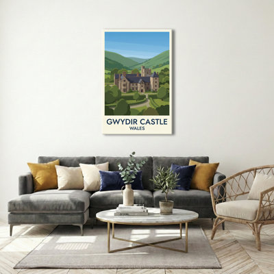 Gwydir Castle, Wales - Romantic Vintage Travel Poster Of A North Wales Castle And Valley. Giclee Print On Wrapped Canvas. Wall Art, Home Decor - Castles & Palaces, Wales - Wrapped Canvas Print