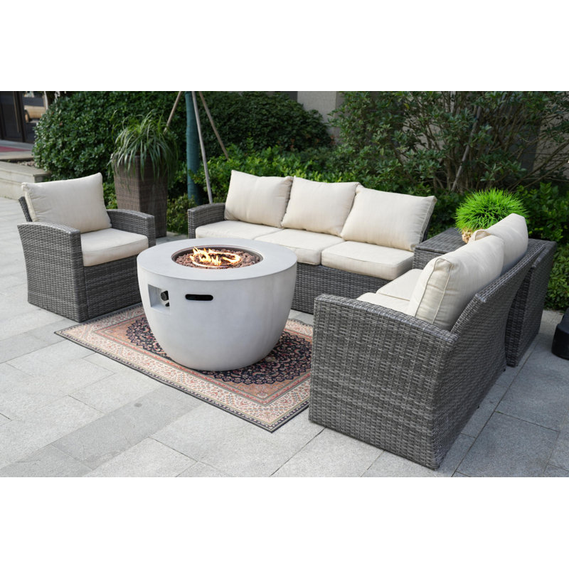 Ensemble de conversation avec canapé en rotin 5 pièces avec coussins Fabiana, Beige, gris