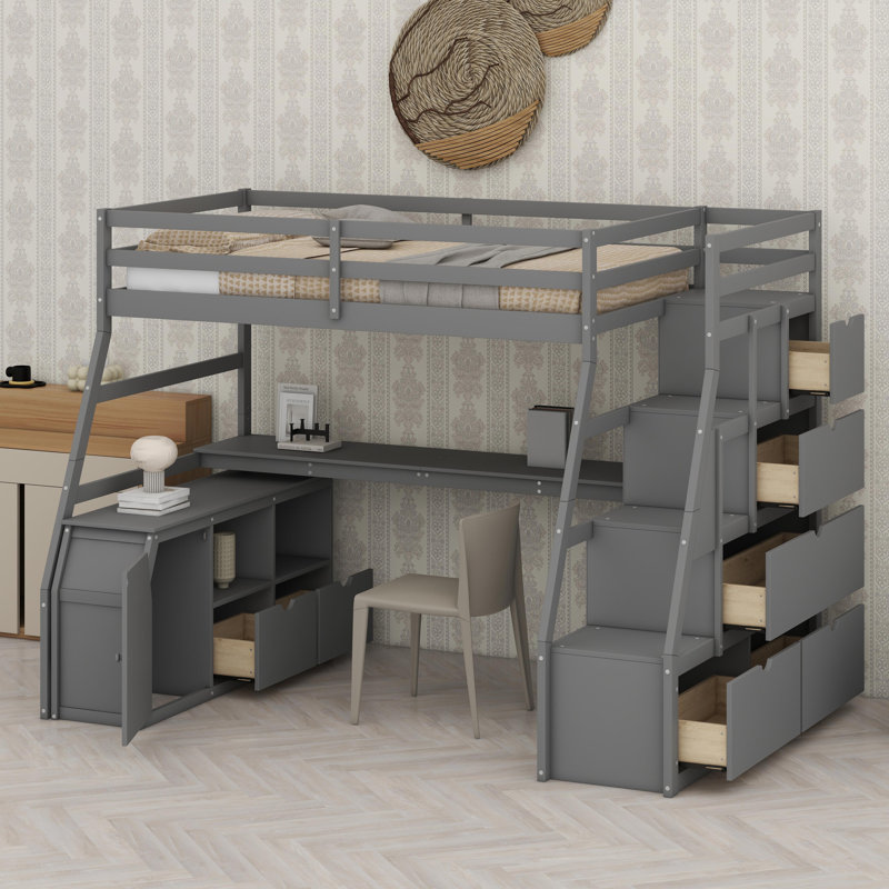 Lit mezzanine avec tiroirs, tablettes et bureau, Lit simple, gris