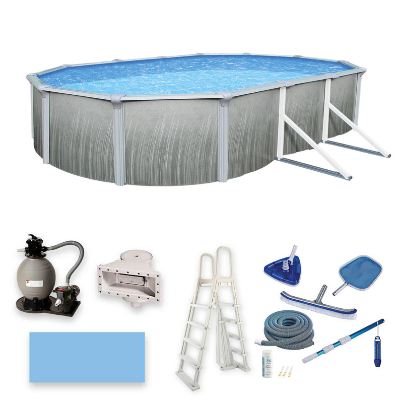 Blue Wave Martinique 15-ft x 30-ft Oval 52-in Deep Above Ground Swimming Pool – Steel Wall & Top Rails, Sand Filter, Skimmer, Liner, A-Frame Ladder & Maintenance Kit – Complete Outdoor Pool Accessories