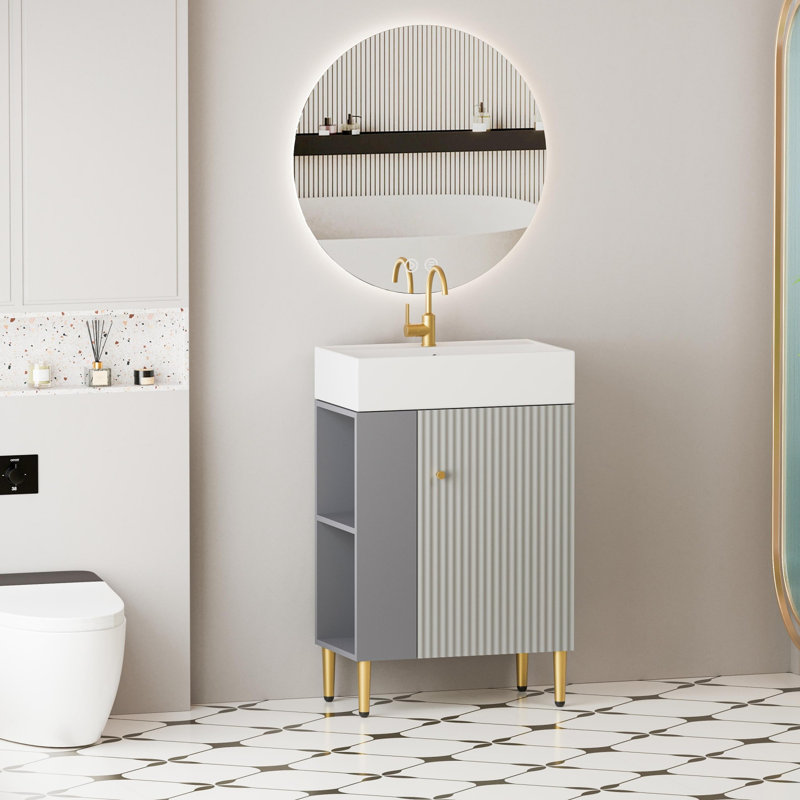 Meuble-lavabo de salle de bain avec ouverture de porte à droite et tablette ouverte à gauche, Gris mat