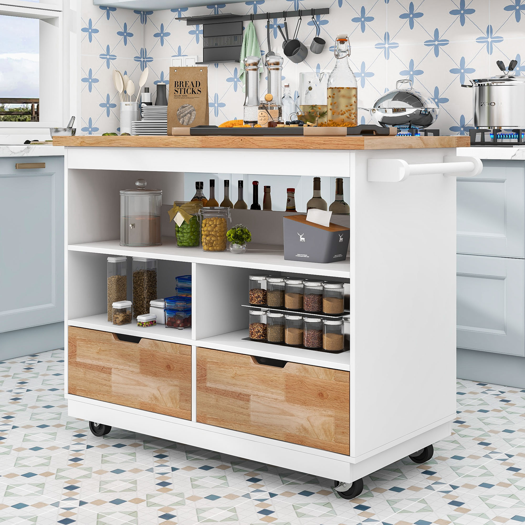 Latitude Run® Kitchen Cart Rolling Mobile Kitchen Island Solid Wood Top ...