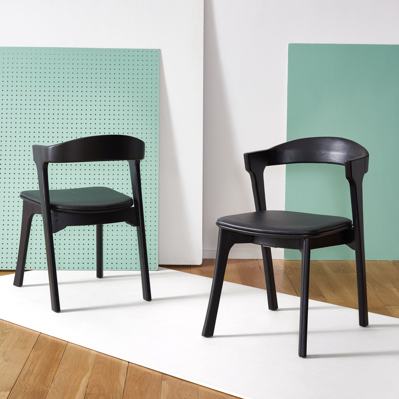 Carper Wood And Leather Dining Chair, Black Genuine Leather