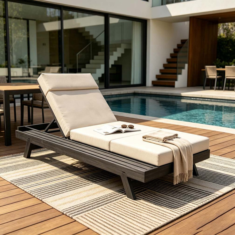Acacia Wood Lounge Chaise With Water-Resistant Lounge Cushions, Beige & 3-Fold & 4 Inch1