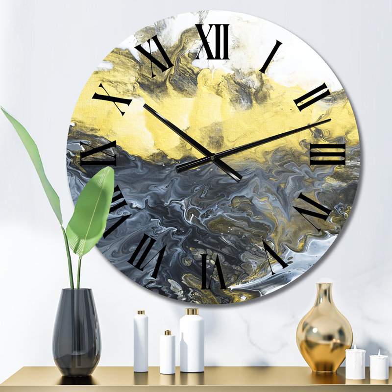 Horloge murale moderne, rivière de marbre jaune dans l'art liquide III, Surdimensionné