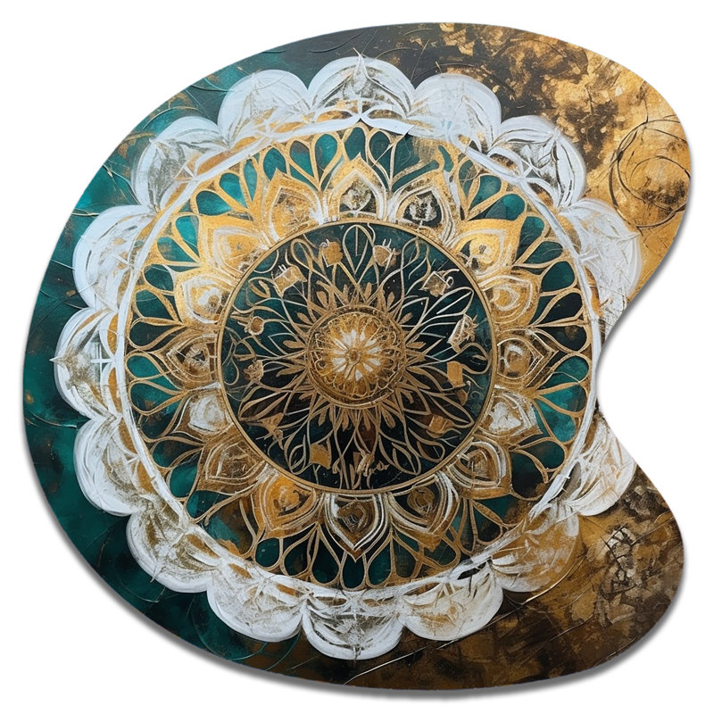 Sarcelle et or Mandala I - Boho Mandala, art mural en métal de forme unique, impression asymétrique en métal bleu sarcelle