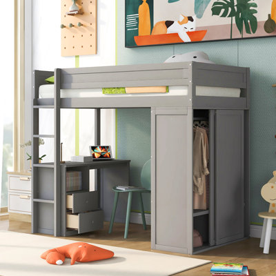 Lit mezzanine en bois avec garde-robe et bureau à 2 tiroirs avec armoire
