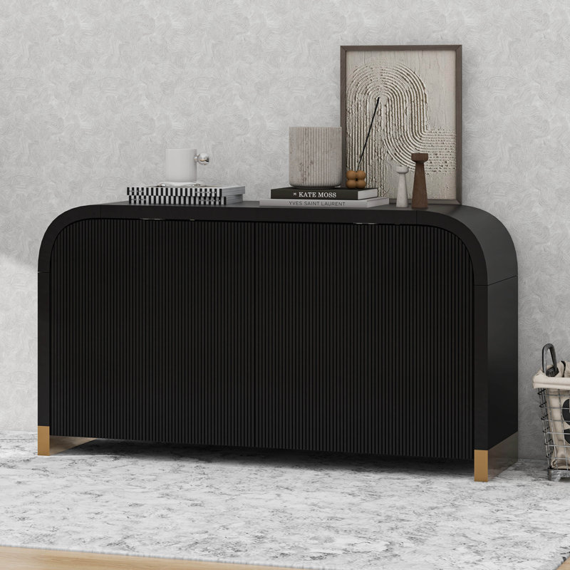 4-Door Curved Corner Design Wavy Door Panel Cabinet With Adjustable Shelves, Black