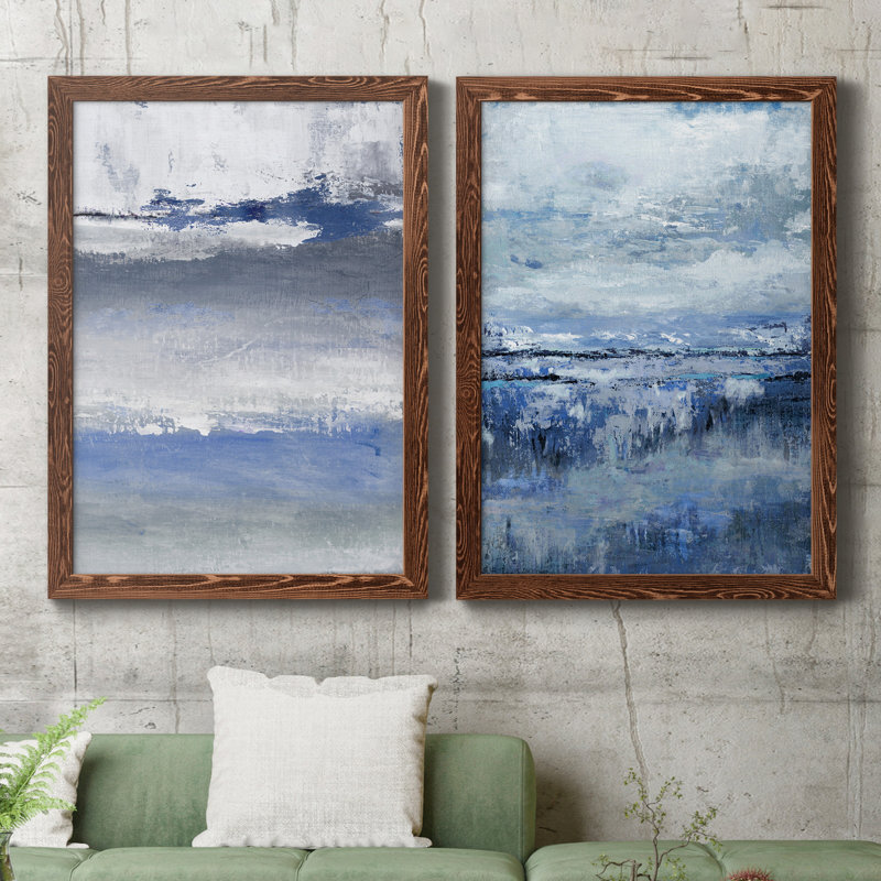 «Soft Solace Indigo», peinture sur toile 2 pièces, Érable encadré, H 20 po x l 34 po x P 1,5 po