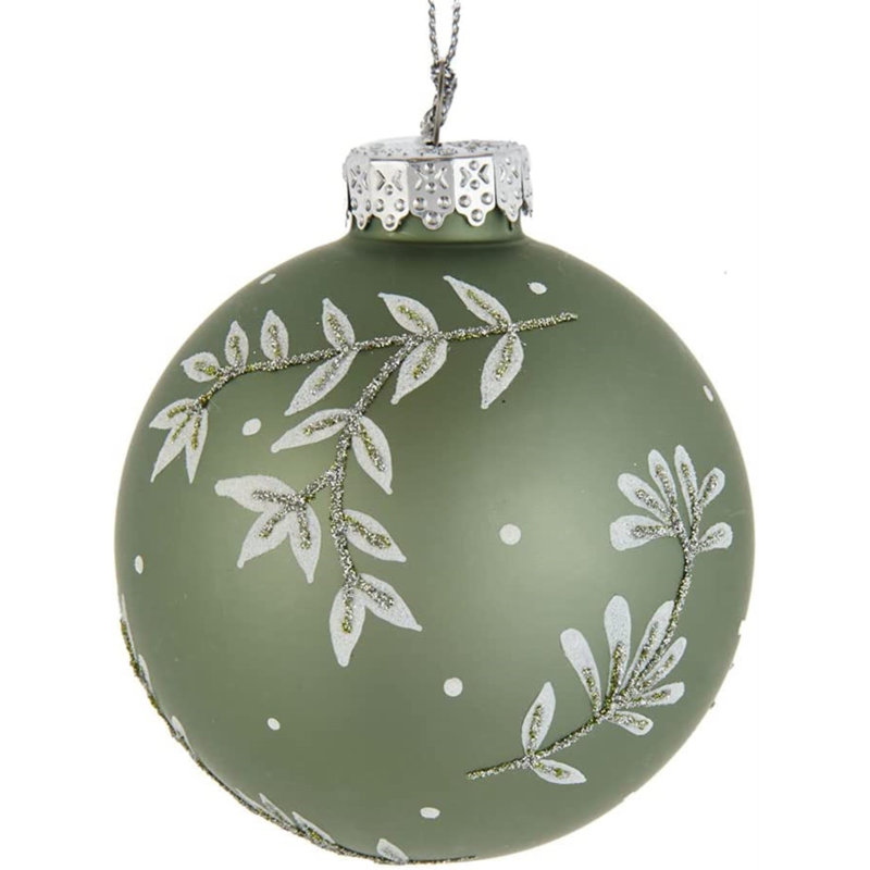 Sage Green Glass Ball Ornaments with White Leaf Design, Set of 6
