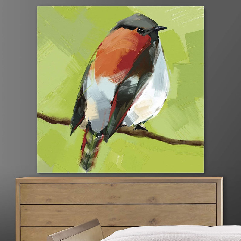 " Cute Orange Green Eastern Towhee Perched On A Branch In Green Background ", 12" H x 12" W x 1.5" D