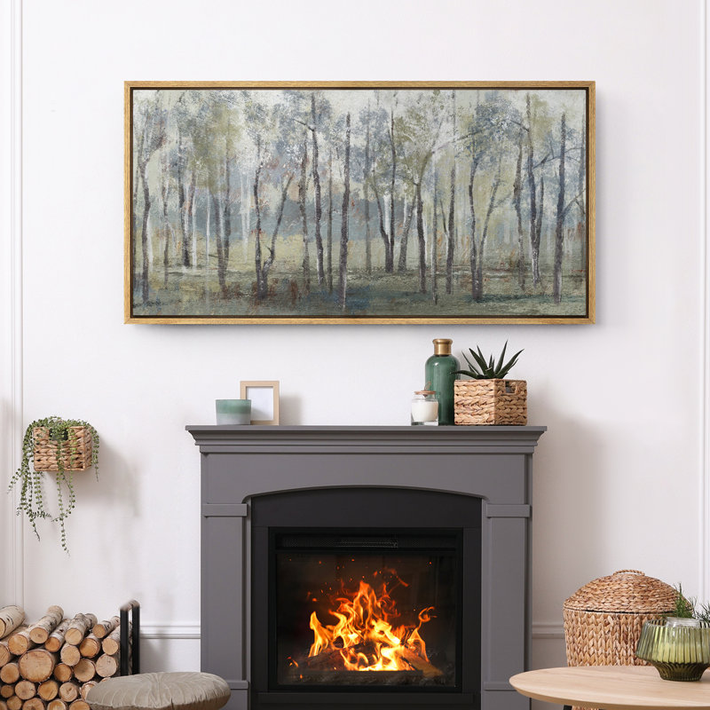 «Green and Blue Tree Forest Landscape», très grand art mural sur toile encadré, H 30 po x l 60 po, Naturel