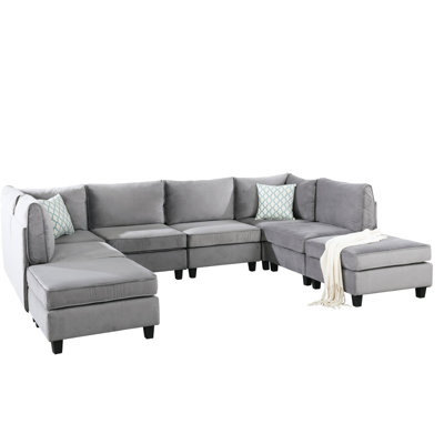 120" Gray Velvet 8Pc Modular , 2 Corner Chairs, 4 Armless Ottomans, Soft Upholstered Armrest, Contemporary Style Seats, Home