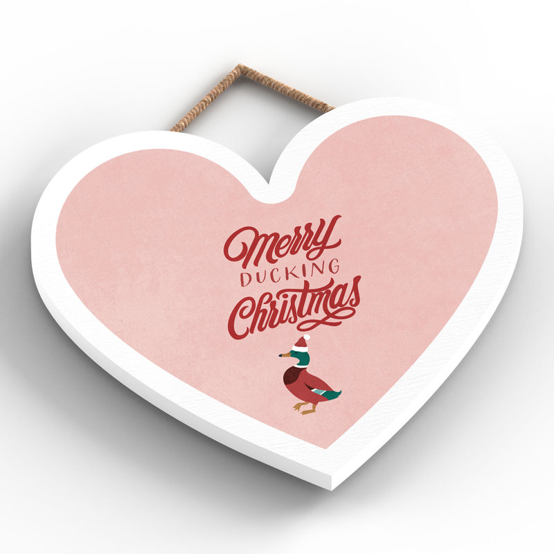 Xmas Merry Ducking Christmas Wooden Heart Plaque, 16cm H x 17cm W x 0.9cm D