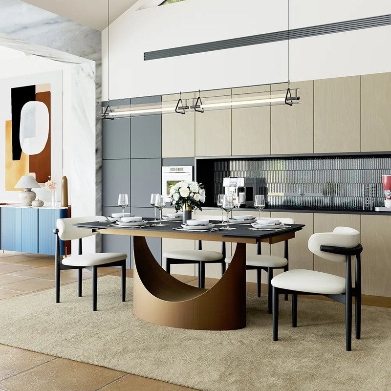 71"-95"Extendable Hobart Modern Dining Table For 6-10, Rectangular Sintered Stone Tabletop with Pedestal Base, Carbon Steel Leg
