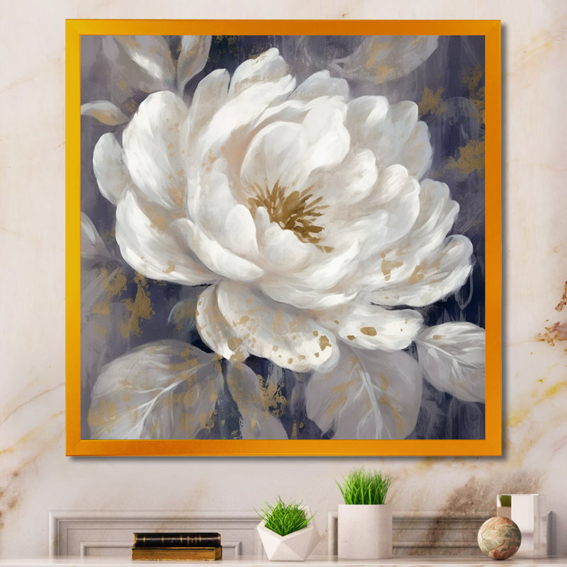 Émotion de pivoines blanches et bleues III - pivoines, art mural, H 16 po x l 16 po x P 1 po, Cadre doré simple