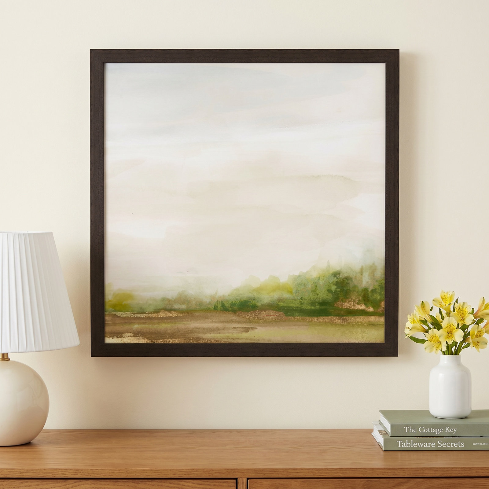 Icarus "Evening Stroll" Painting, 33" H x 33" W x 1.12" D, Walnut Framed