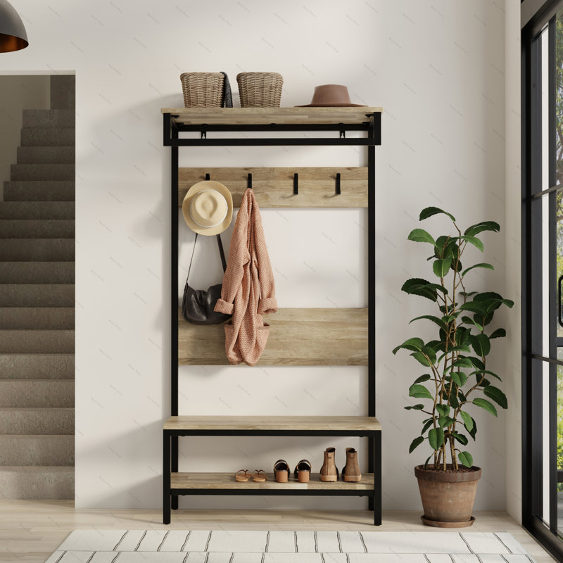 Natural Mango Wood Industrial Hall Tree with Storage Bench