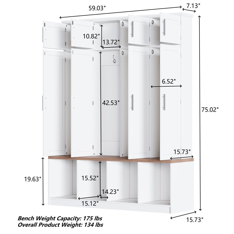 Hall Tree 59.03" Wide With Bench And Storage, White