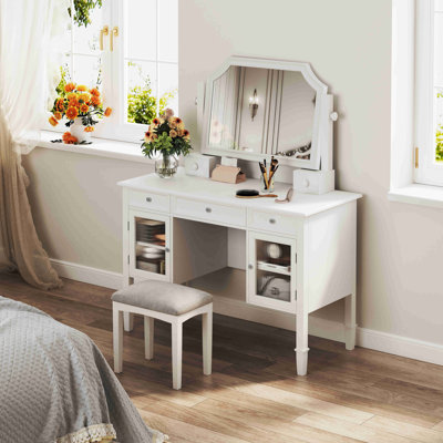 44.4" Makeup Vanity Desk With Large Adjustable Mirror, Dressing Table Set With Drawer & Cabinet, Space-Saving Beauty Station For Bedroom