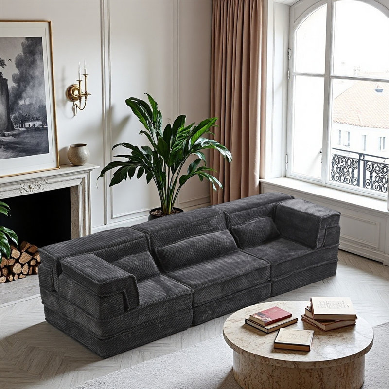 Canapé modulaire convertible sans os, surdimensionné à trois places avec trois coussins, Gris foncé
