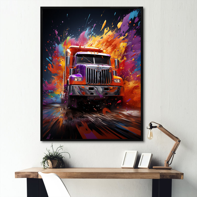 «Expressionist Monster Truck Fury» sur toile, Cadre flottant noir, H 44 po x l 34 po x P 1,5 po