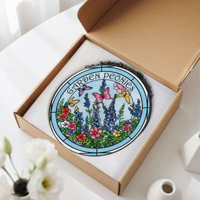 7.8"H Garden Peonies Stained Glass Window Panel