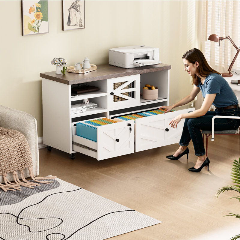 Lockable 2-drawer Lateral File Cabinet With Open Storage Shelves, Rolling Filing Cabinet For Home Office, Holds Letter/legal/a4 Files, Heavy Duty Mobile File Cabinet, White