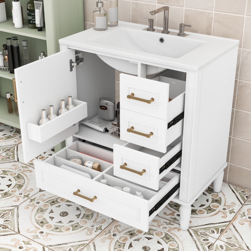 Meuble-lavabo en bois avec lavabo, 3 tiroirs et porte à fermeture en douceur, Blanc