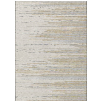 3' X 5' Linen Gray And Beige Striped Washable Indoor Outdoor Area Rug
