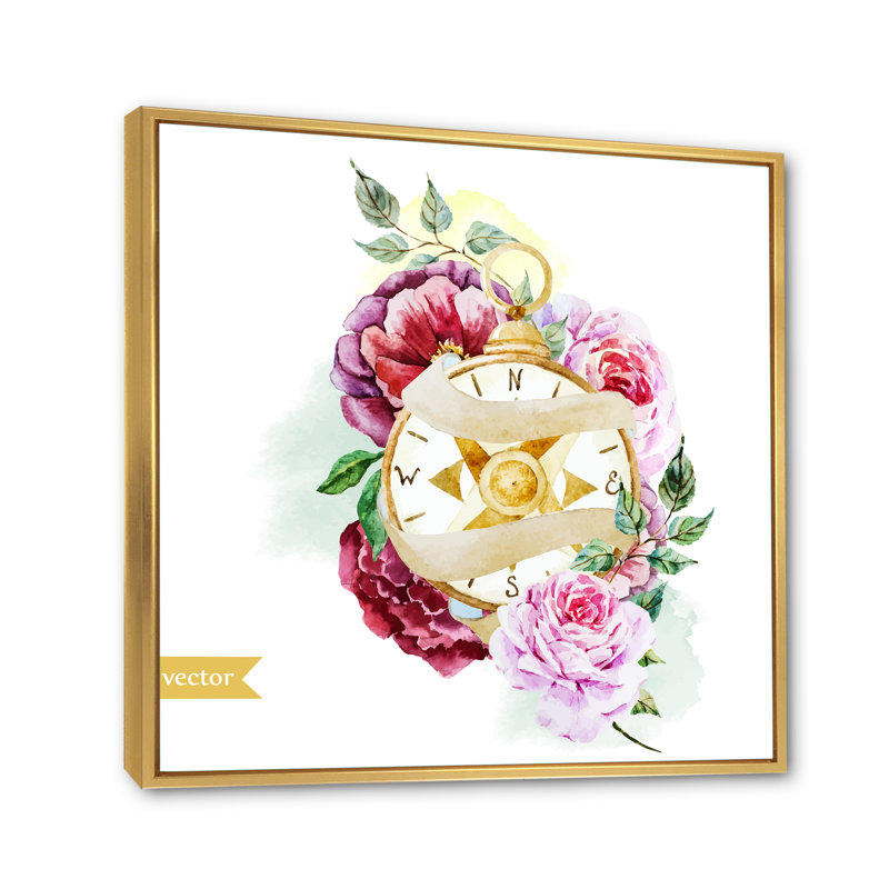 Boussole de fleurs - peinture sur toile, H 36 po x l 36 po x P 1 po, Toile encadrée d'or