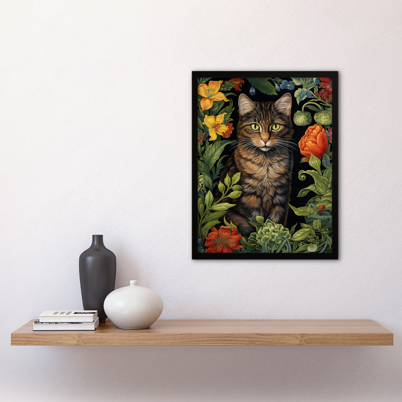 Herbaceous Henry The Garden Tabby Cat Stylish Floral - Single Picture Frame Print