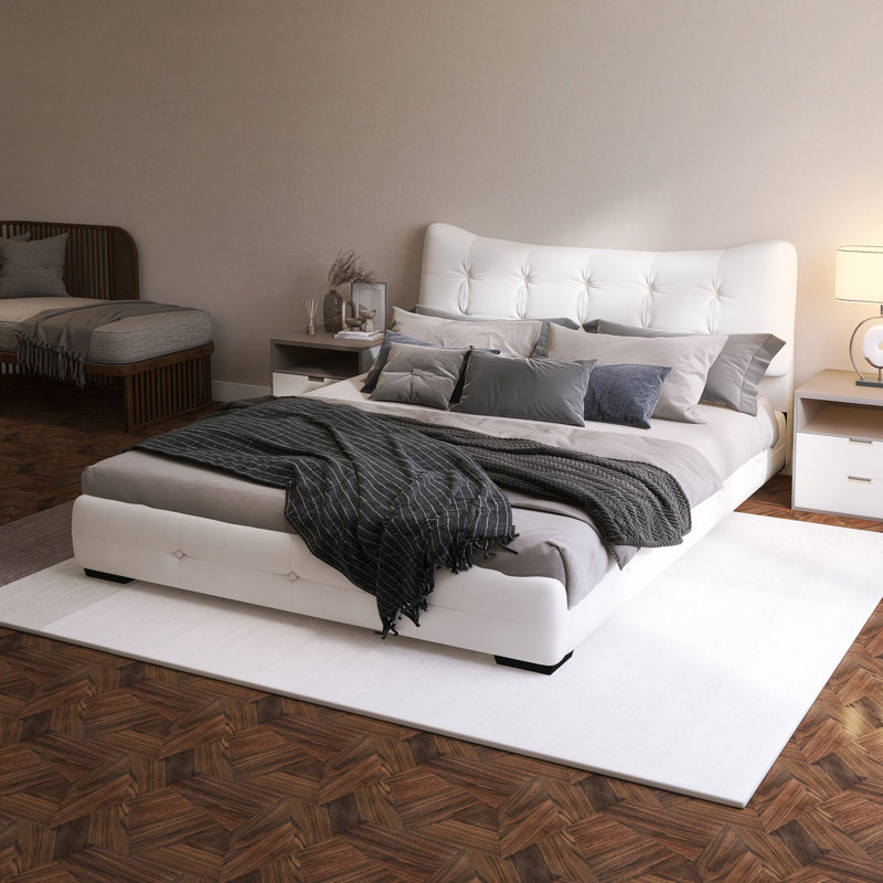 Modern PU Upholstered Queen Bed With Ergonomic Wingback Headboard, Cream