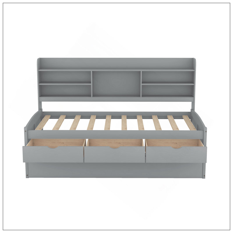 Lit capitaine simple en bois avec bibliothèque intégrée, trois tiroirs de rangement et lit gigogne, gris