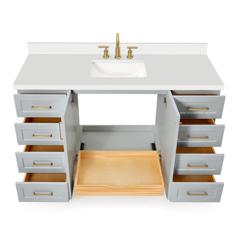 Meuble-lavabo simple 60 po en bois massif gris Freitas avec plateau en quartz blanc Carrara de 1,5 po, évier central, Gris