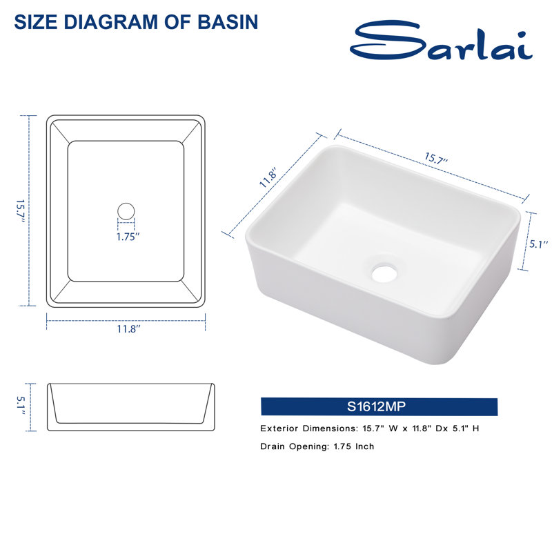 16" L x 12" W Rectangular Ceramic Vessel Bathroom Sink, White