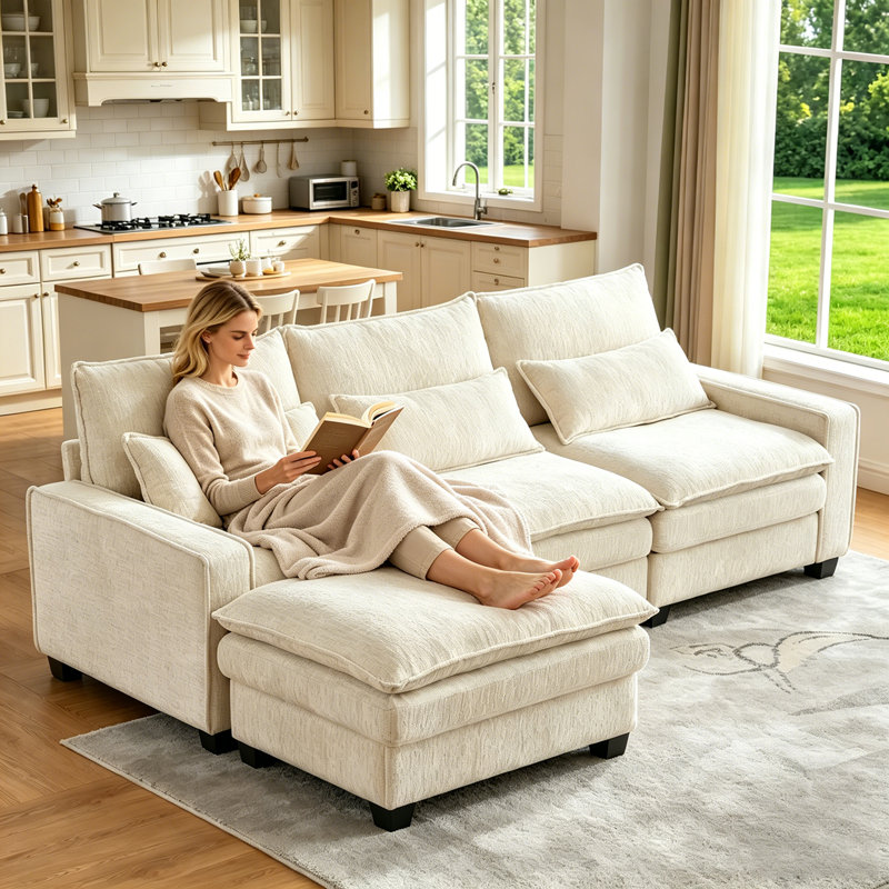 99.50 Inch 3-Seater Chenille Modular Sofa Set with Movable Ottoman,Free Combination, Beige Chenille