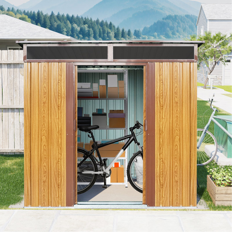 Rangement extérieur en métal 6 pi x 5 pi avec plaque et base transparentes pour patio de jardin - Café