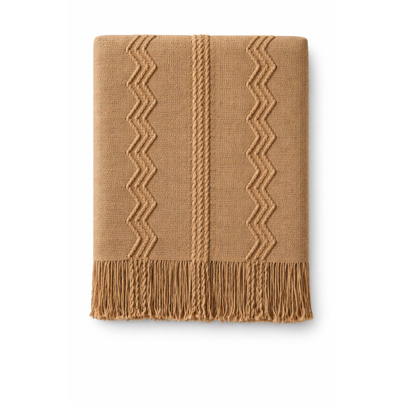 Jeté beige douillet tricoté avec frange - texture douce tissée texturée, 50 po x 60 po, Beige